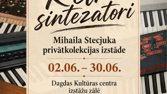 Dažādi retro sintezatori. Pasākuma afiša.