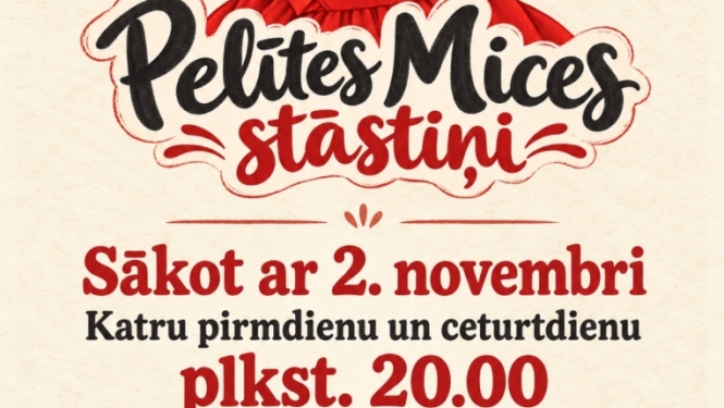 Pelēka pelīte sarkanā kleitā ar baltām pogām uz gaiša fona. Pasākuma afiša