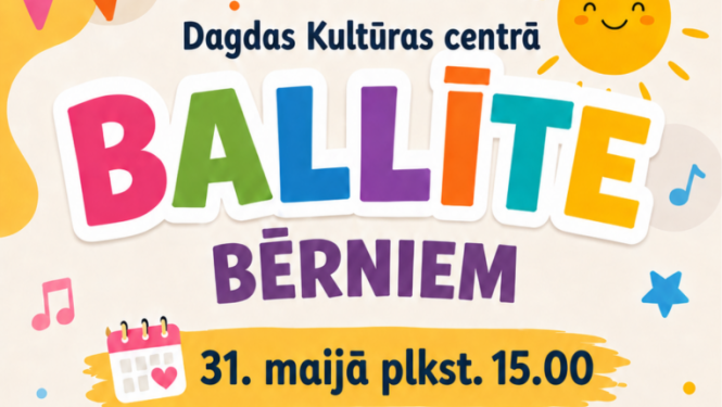Krāsains un rotaļīgs dizains ar sauli, baloniem un piepūšamo atrakciju. Pasākuma afiša.