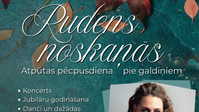 Rudens lapas uz zaļgana fona un sievietes portrets. Pasākuma afiša