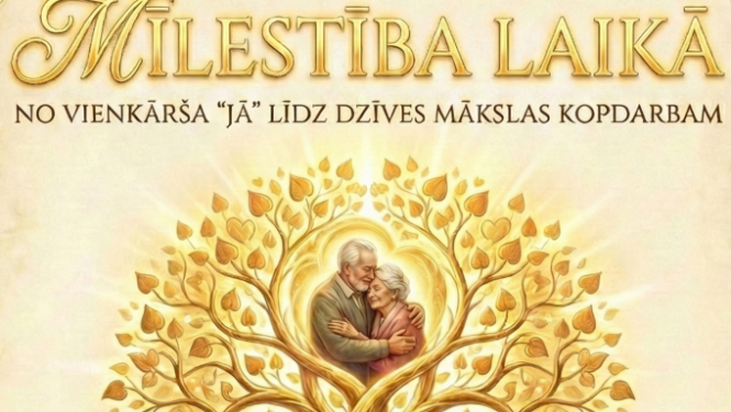 Stilizēts dzīvības koks, kura zaros attēloti pāra kopdzīves mirkļi no jaunības līdz sirmam vecumam. Pasākuma afiša.