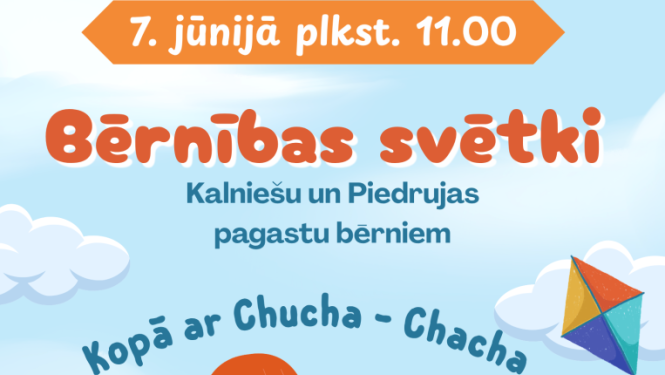 Ilustrācija – bērni uz papīra lidmašīnas mākoņos. Pasākuma afiša.
