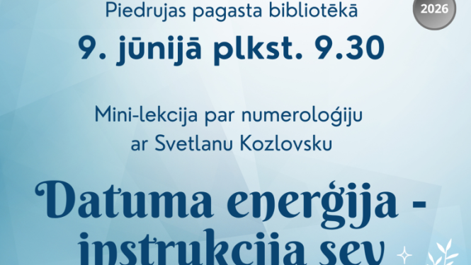 Kristāli, piezīmju bloks un roka, kas veic numeroloģiskus aprēķinus. Pasākuma afiša.