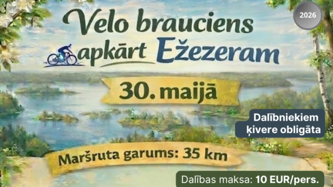 Velobrauciena afiša ar dabas ainavu – ezeru, salām un zaļiem kokiem, dekorēta ar pavasara ziediem.