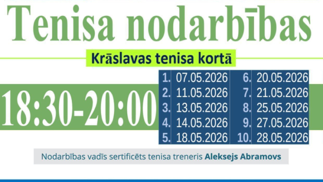 Tenisa korts, bumbiņas un kausi. Pasākuma afiša