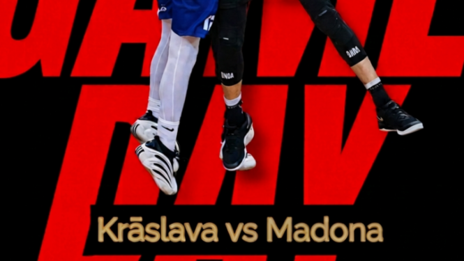 Divi basketbolisti uz melna fona. Pasākuma afiša