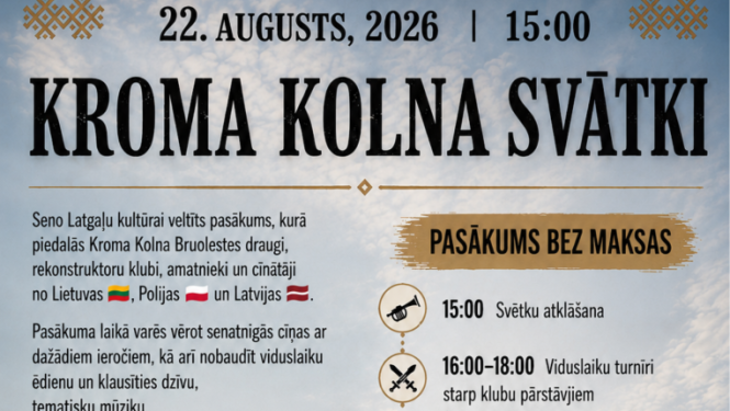 Vēsturiska izskata koka celtne un cilvēki viduslaiku tērpos. Pasākuma afiša