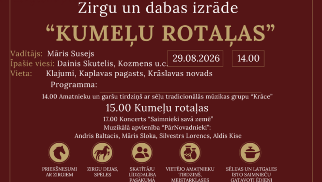 Jātnieki ar zirgiem, skatītāji un brīvdabas pasākuma norise. Pasākuma afiša