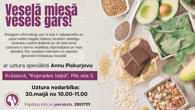 Veselīgi produkti un uztura speciālistes foto. Pasākuma afiša.