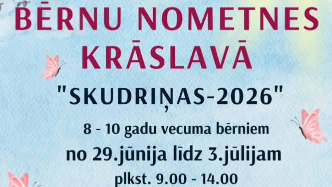 Krāsains ziedu un tauriņu dizains. Bērnu nometnes afiša.