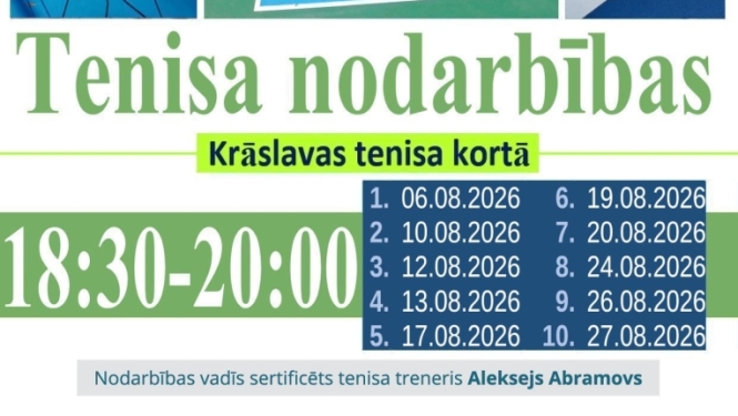 Tenisa korts, bumbiņas un kausi. Pasākuma afiša