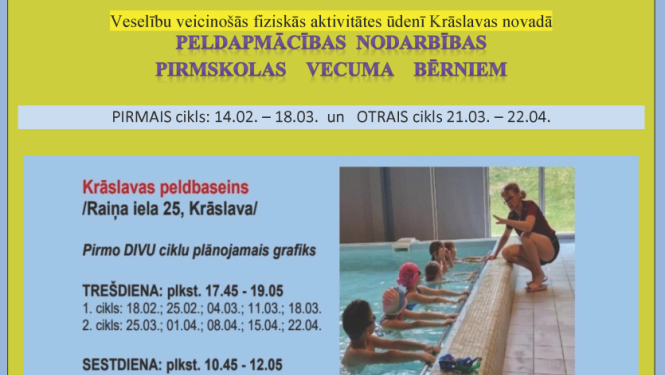 Cilvēki peldbaseinā ar treneri. Peldētprasmes nodarbību afiša