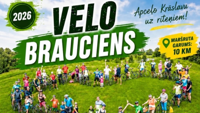 Liela velobraucēju grupa pļavā ar velosipēdiem. Pasākuma afiša