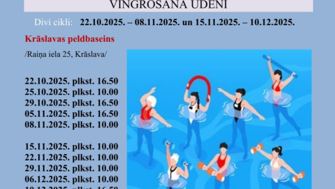 Datorgrafikas zīmējums – cilvēki vingro ūdenī. Pasākuma afiša