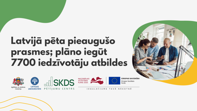 Pētījuma vizuālis. Raksta virsraksts, programmas veicēju logo, foto ar trīs cilvēkiem, kas sēž pie galda, smaida un skatās planšetdatorā