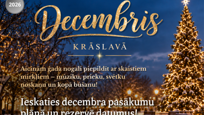 Apsnidzis parks un iedegta Ziemassvētku egle. Pasākumu afiša