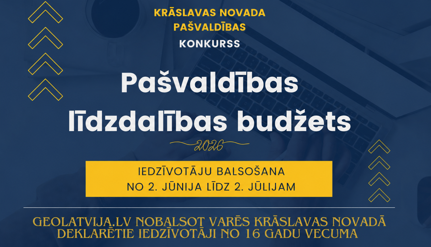 Cilvēks strādā ar datoru. Projektu konkursa vizuālis.