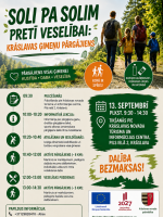 Četru cilvēku ģimene ar mugursomām dodas pārgājienā pa saulainu, mežainu taku. Pasākuma afiša