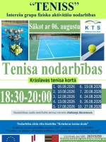 Tenisa korts, bumbiņas un kausi. Pasākuma afiša