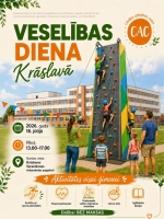 Ilustrācija ar bērniem, kas kāpj mākslīgajā klinšu sienā un pieaugušajiem, kas vēro. Pasākuma afiša