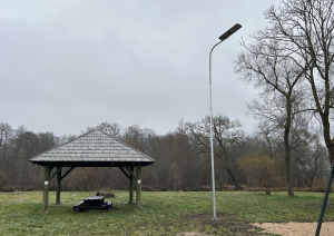 Lapene un laterna parkā – koka lapene zālājā pie kokiem un laterna blakus