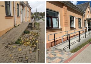 Pirms: Šaura, bojāta rampa ar nevienmērīgu bruģi; Pēc: Jauna, plata betona rampa ar drošības margām.