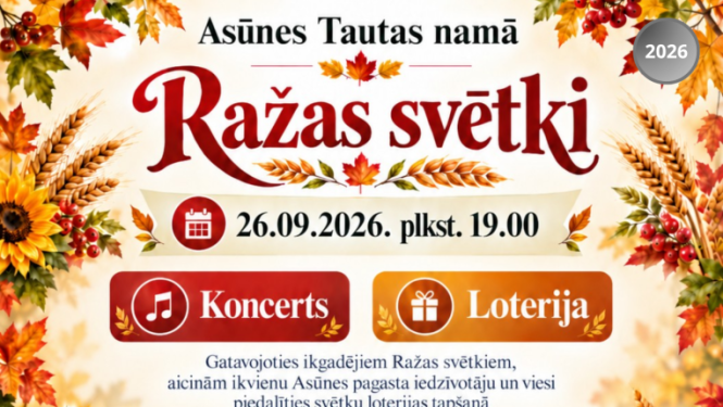 Rudens kompozīcija ar kļavu lapām, pīlādžiem, saulespuķēm, āboliem, ķirbjiem, labības vārpām un pītiem groziem. Pasākuma afiša