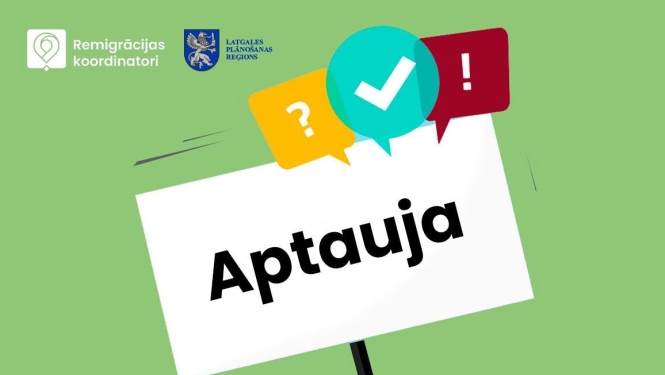 Uzraksts "Aptauja" uz gaiši zaļa fona. Latgales plānošanas reģiona logo.