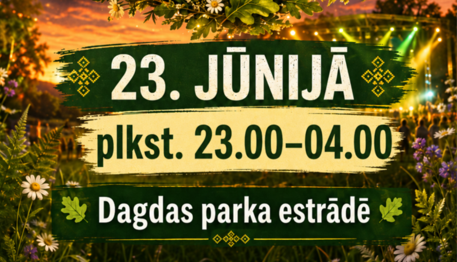 Vasaras vakara pasākuma atmosfēra ar izgaismotu skatuvi un ziedu vainagu. Pasākuma afiša.