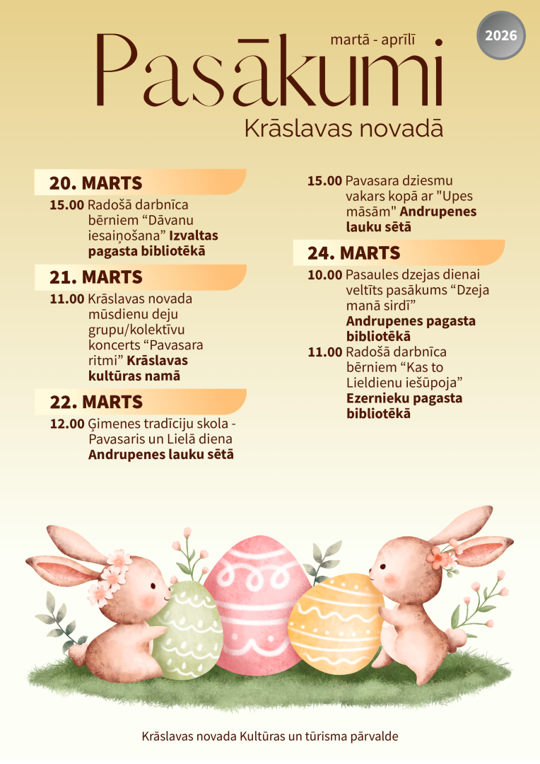 Zīmēti zaķi un krāsainas Lieldienu olas. Pasākumu saraksts.