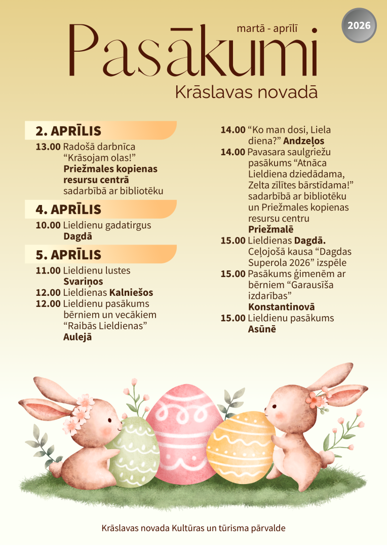 Zīmēti zaķi un krāsainas Lieldienu olas. Pasākumu saraksts.