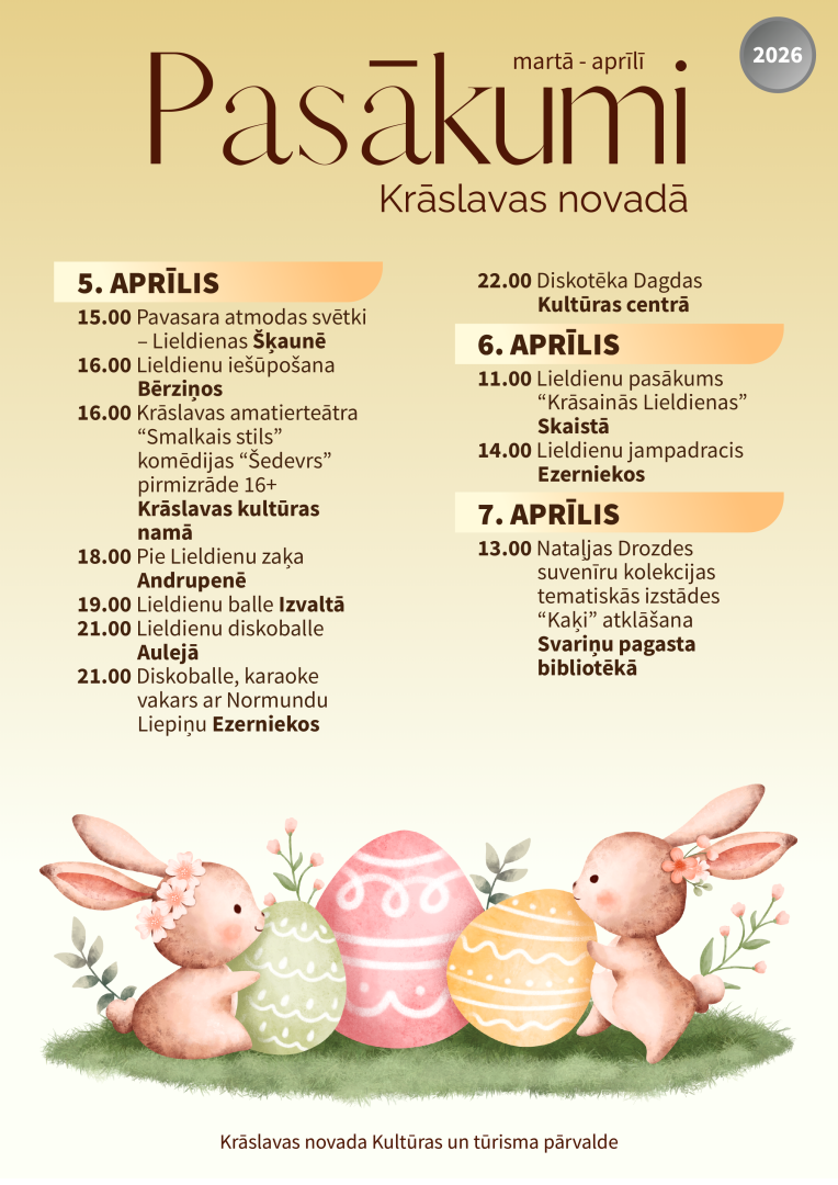 Zīmēti zaķi un krāsainas Lieldienu olas. Pasākumu saraksts.