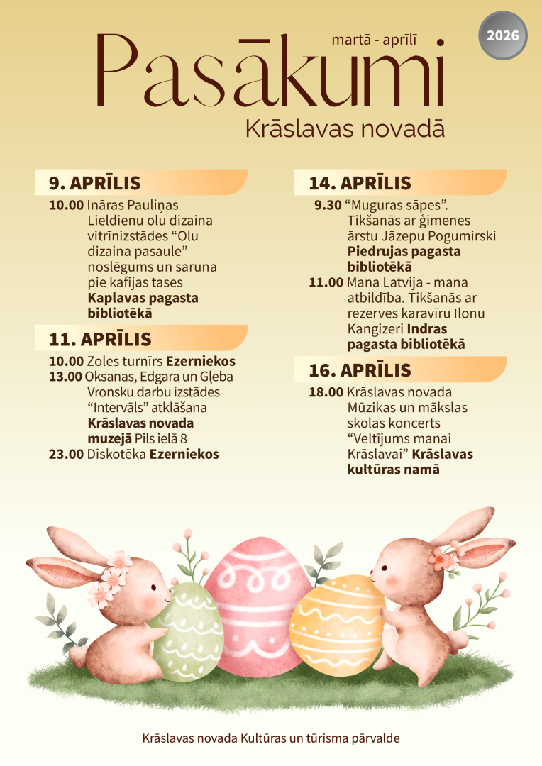 Zīmēti zaķi un krāsainas Lieldienu olas. Pasākumu saraksts.