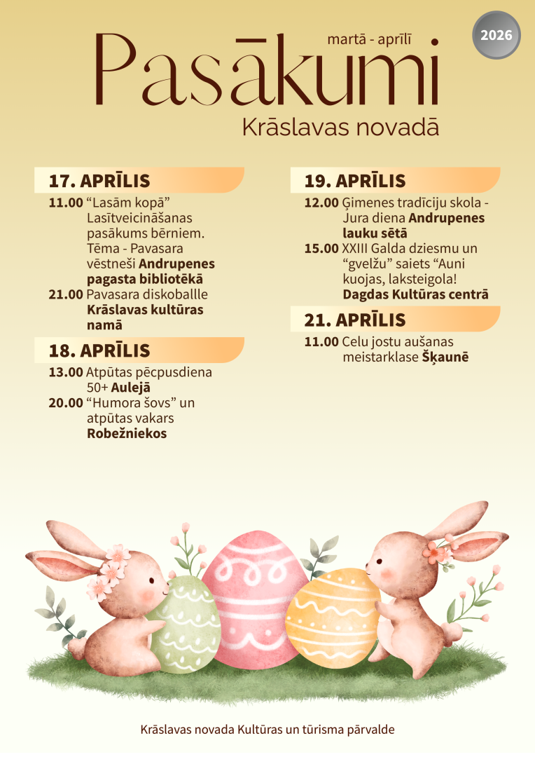 Zīmēti zaķi un krāsainas Lieldienu olas. Pasākumu saraksts.