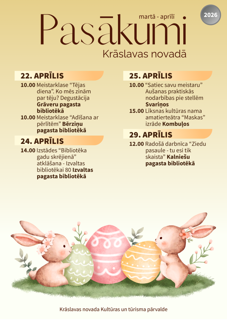 Zīmēti zaķi un krāsainas Lieldienu olas. Pasākumu saraksts.