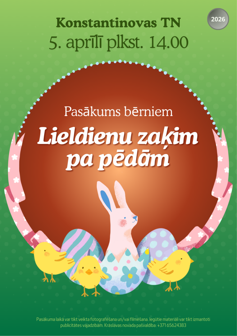 Zīmēts zaķis, cālīši un krāsainas Lieldienu olas. Pasākuma afiša.