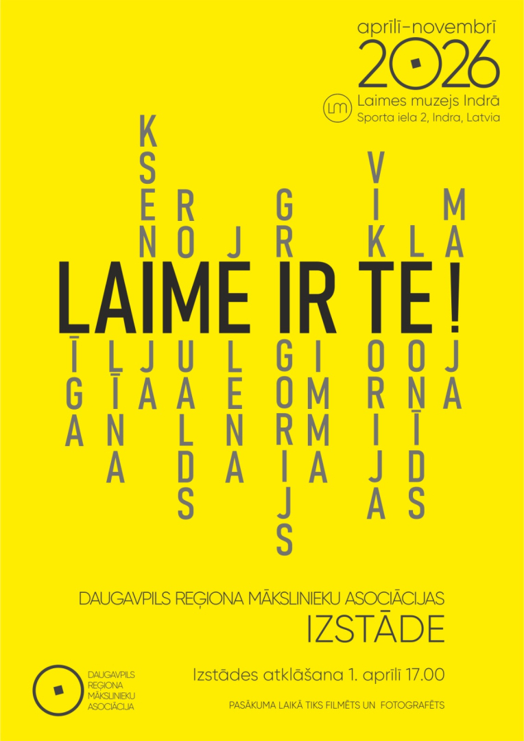 Izstādes afiša. Teksts uz dzeltena fona.