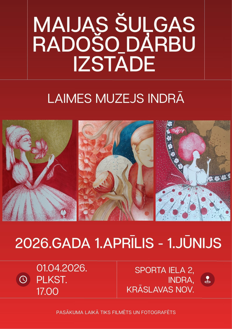 Trīs Maijas Šuļgas mākslas darbu fragmenti. Izstādes afiša.