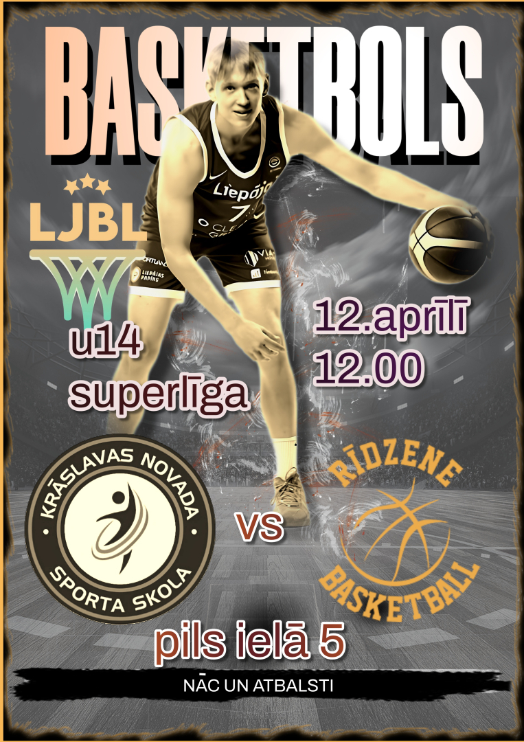 Basketbolists melnā formā driblē bumbu. Basketbola spēles afiša.