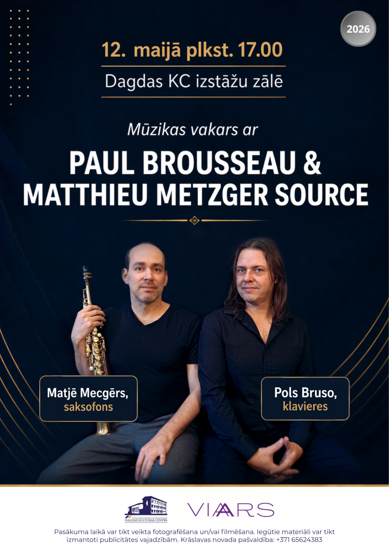 Sēž divi mūziķi. Pasākuma afiša.