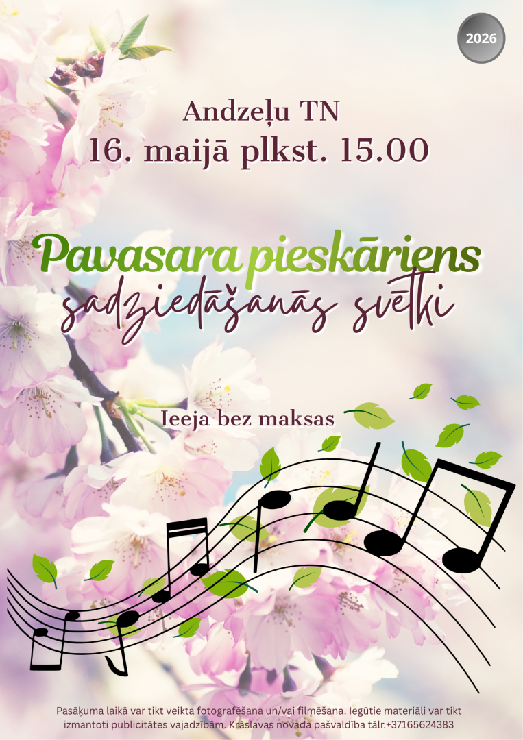 Rozā ziedu un nošu fons. Pasākuma afiša.