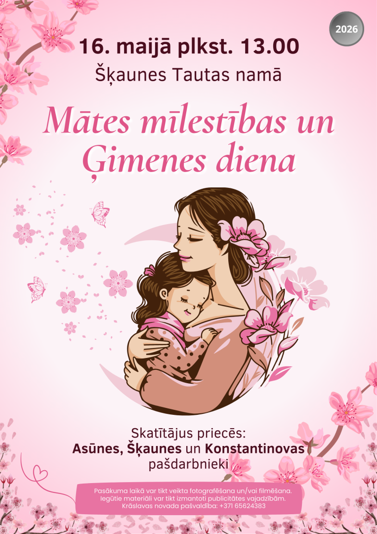 Mātes un bērna ilustrācija rozā toņos. Pasākuma afiša.