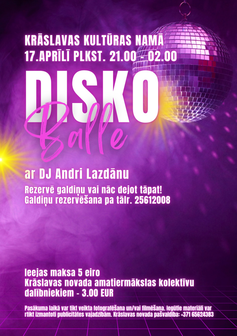 Krāsainā violeti rozā disko balles afiša ar disko bumbu