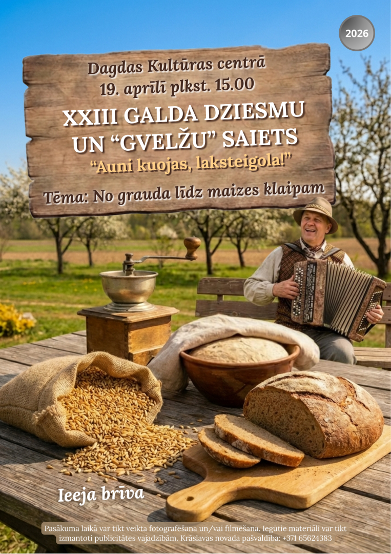 Uz galda redzami graudi, dzirnaviņas un maize, fonā vīrietis spēlē akordeonu. Pasākuma afiša