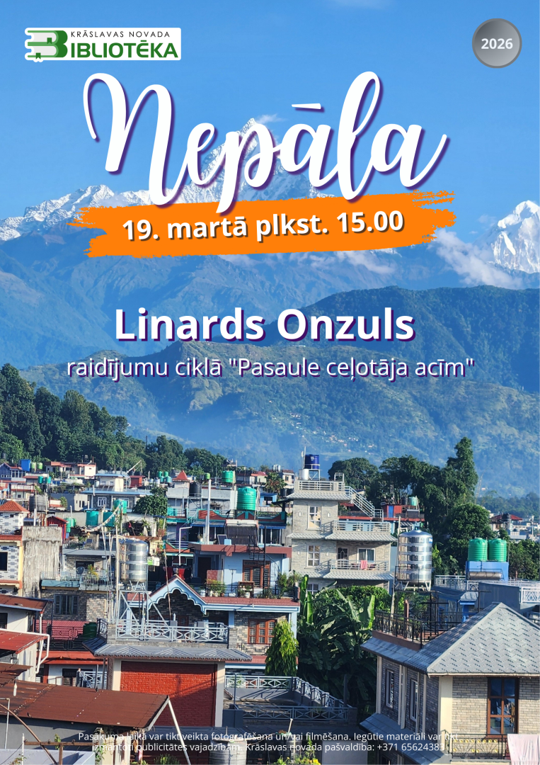 Pasākuma afiša ar Himalaju kalniem un Nepālas pilsētas panorāmu