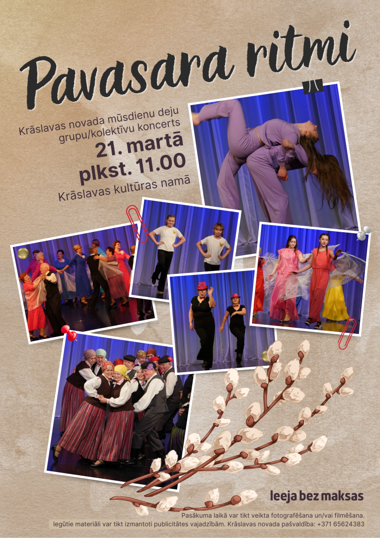 Afiša ar vairākām deju kolektīvu fotogrāfijām un pūpoliem