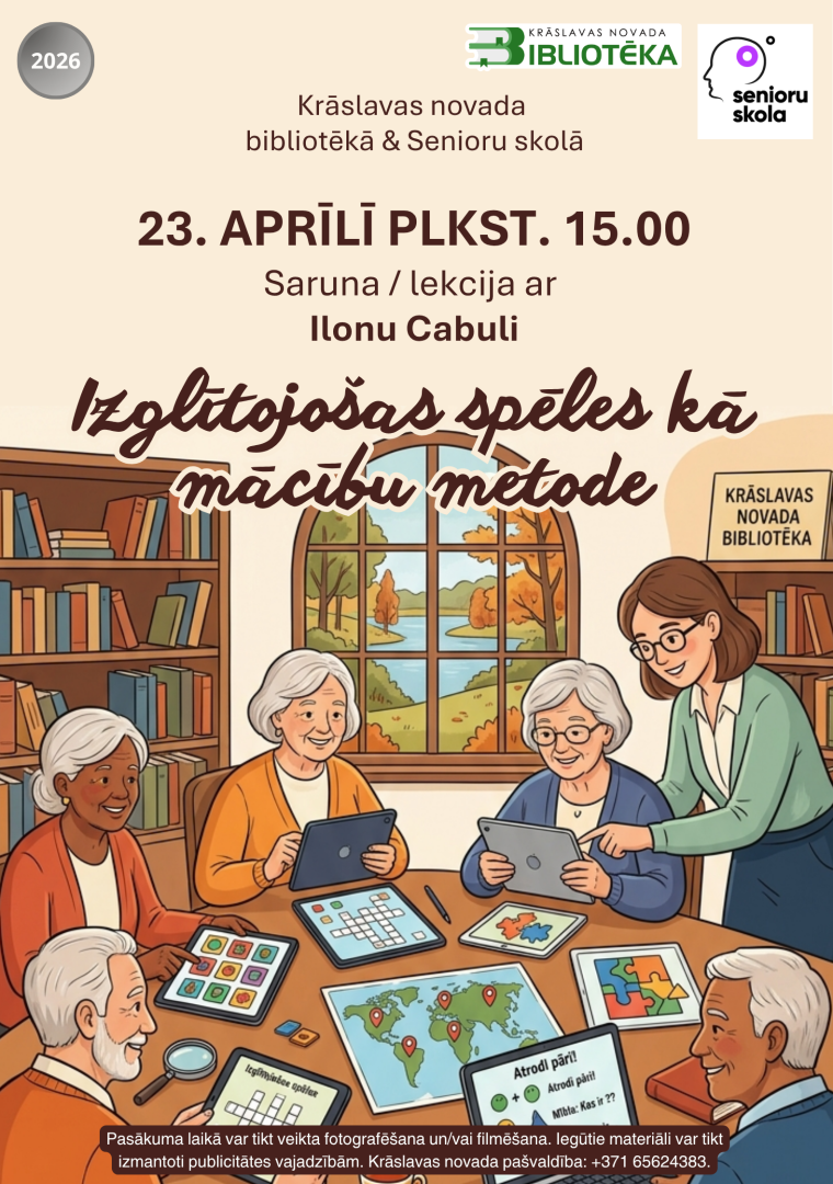 Ilustrācija ar senioriem pie galda, kuri lieto planšetdatorus. Pasākuma afiša.