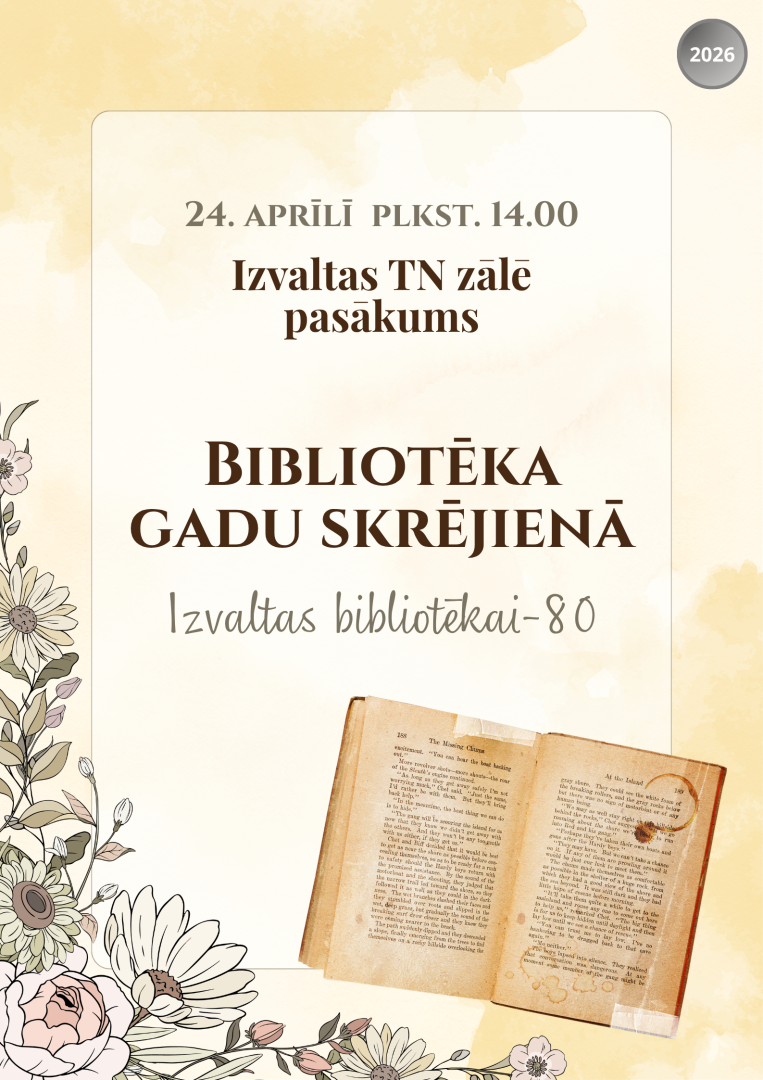 Gaišs, dekoratīvs fons ar ziedu ilustrācijām un atvērtu grāmatu. Pasākuma afiša.