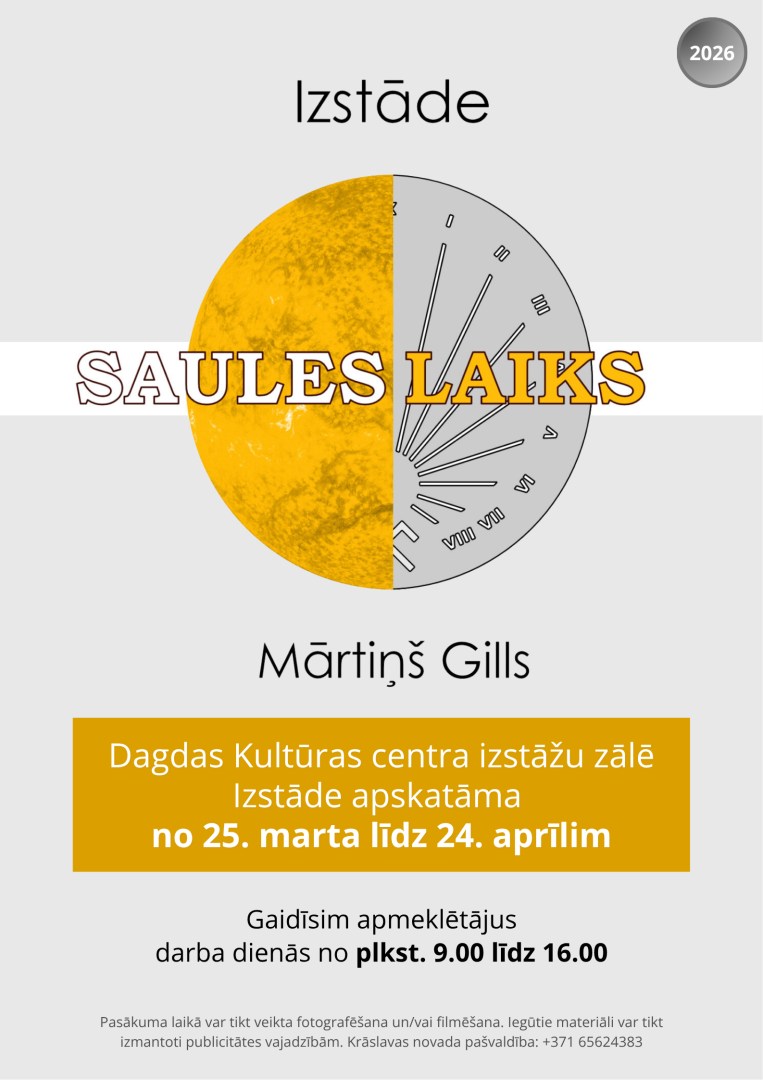 Aplis centrā – puse attēlota kā dzeltena saule, otra kā pelēks saules pulkstenis. Izstādes afiša.