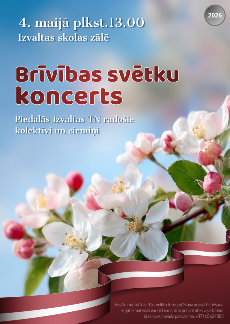 Balti un rozā ziedi un Latvijas karoga grafika uz zila fona. Pasākuma afiša.